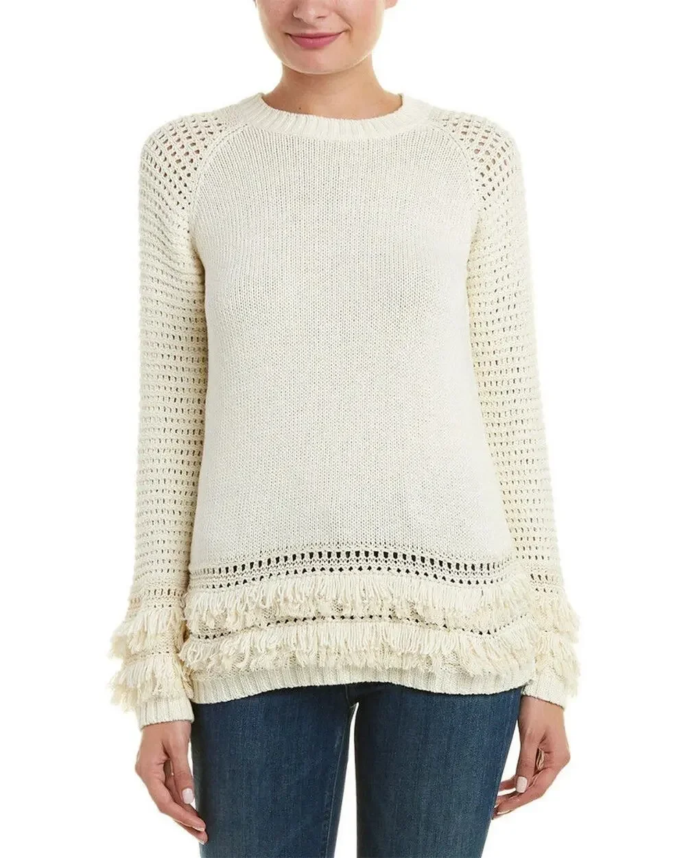 Y2K Chaser Womens Pullover Sweater Size XL Fringe Chunky Knit Ivory Boho Hippie